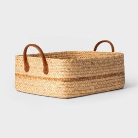 Braided Water Hyacinth Cube Basket with Faux Leather Handles