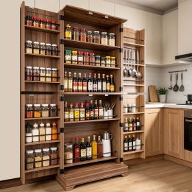 Farmhouse Kitchen Pantry Cabinet, 70" Tall Storage Cabinet with Adjustable Shelves & 4 Barn Doors & Drawer Brown
