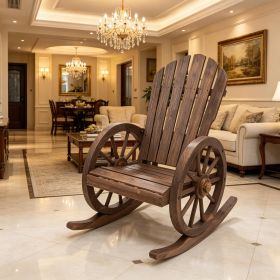 Carbonized Wooden Adirondack Rocking Chair with Slatted Design And Oversized Back Outdoor Rocker Chair with Wagon Wheel Armrest for Porch Poolsid