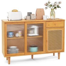 Natural Bamboo Sideboard Cabinet with Rattan Door, Sliding Door & Pull-Out Drawer, 5-Leg Rubber Wood Base