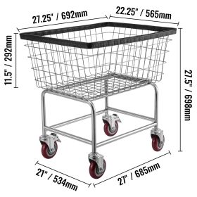 Wire Laundry Cart, 2.8Bushel Wire Laundry Basket with Wheels, 26.7''x21.7''x26.4'' Commercial Wire Laundry Basket Cart, Steel Frame with Chrome F