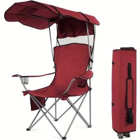 Oversized Camping Chair with Canopy Heavy Duty Folding Outdoor Chair with Armrest Cup Holder and Carry Bag Portable Camp Chair for Beach Fishing (Color: Wine Red)